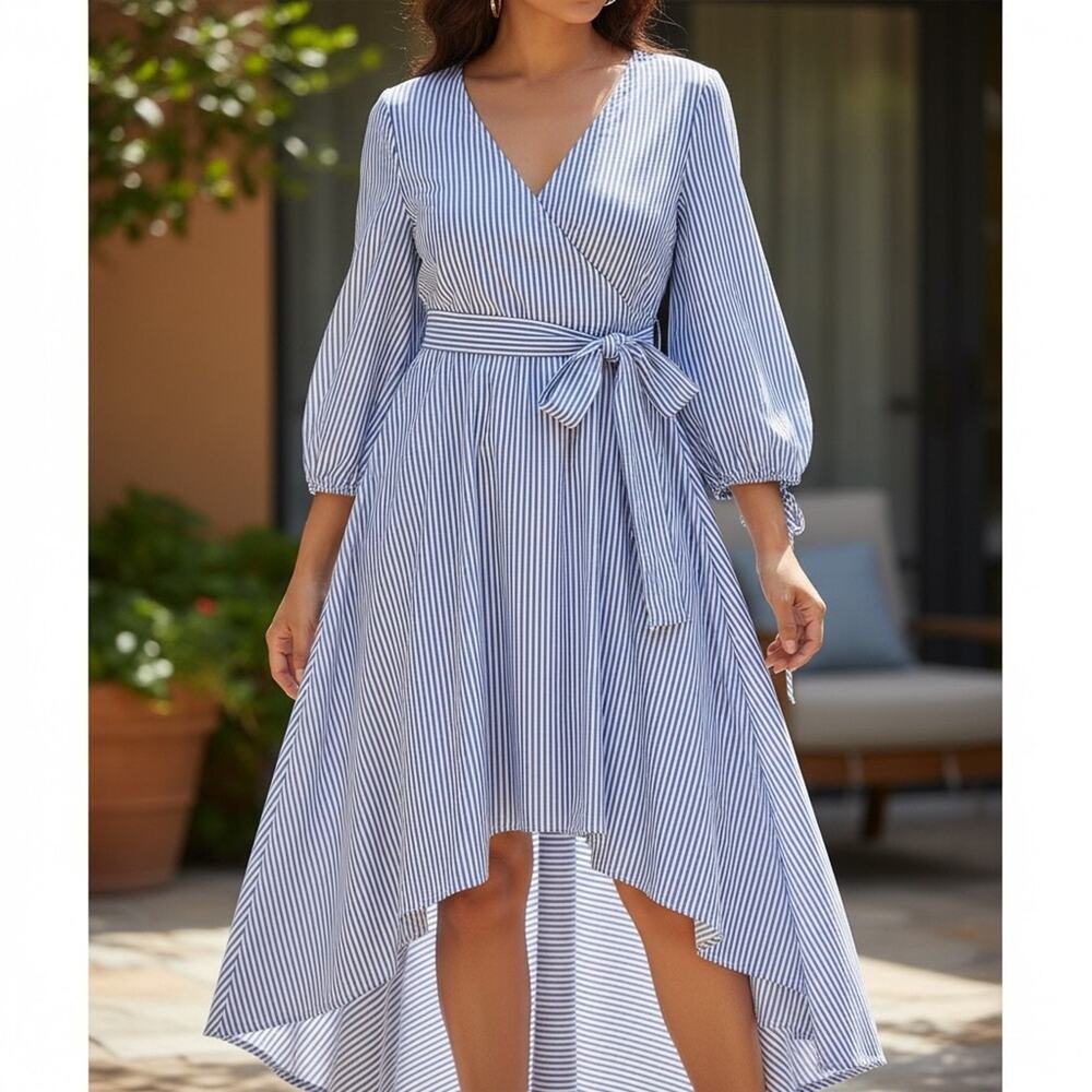 Fashion Nova Blue White Stripped High Low Dress